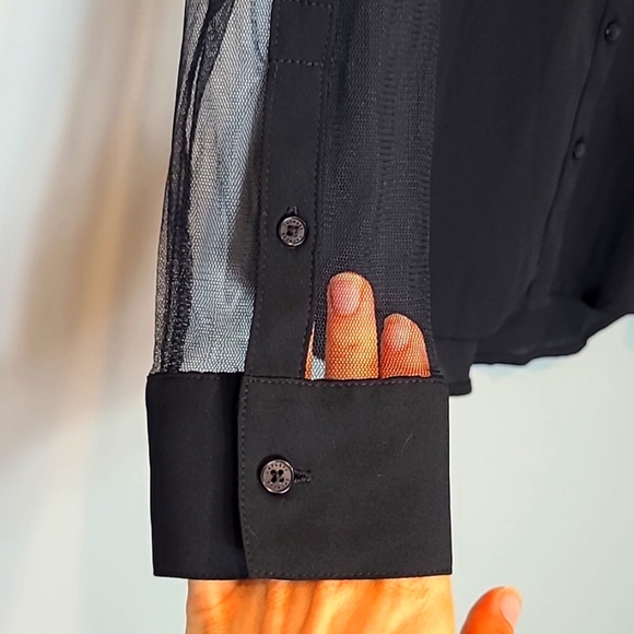 Express Slim-Fit Button Front Portofino Blouse Top Black XS Sheer Sleeves - Picture 3 of 6